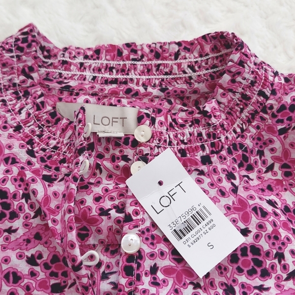 LOFT Pink White Smocked Floral Long Sleeve Cotton Blouse - Size S - Picture 9 of 9